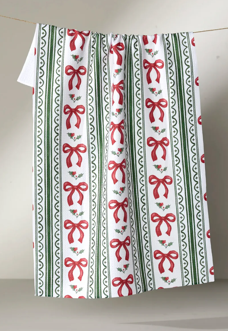 Christmas Bow Stripe Tea Towel