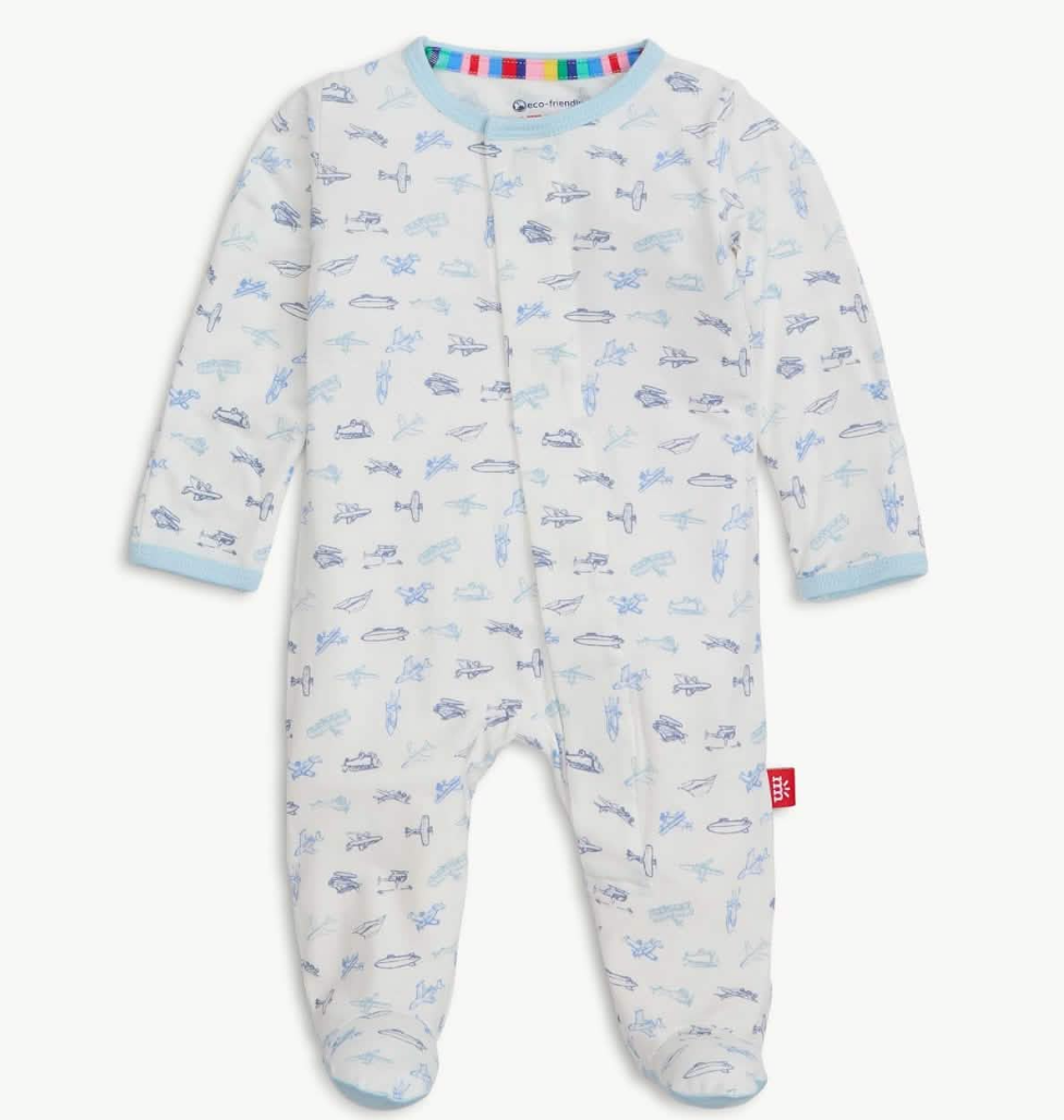 Airplanes Organic Cotton Magnetic Pointelle Footie