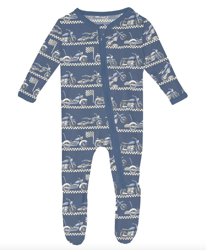 Print Footie With 2 Way Zipper Denim Motorcycles