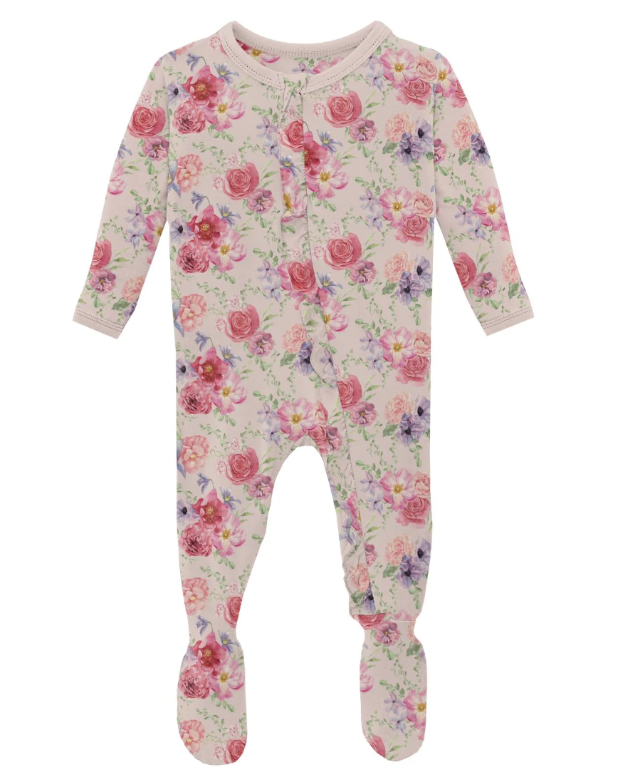 Print Layette Ruffle Footie With 2 Way Zipper Shrinking Violet Dreamy Floral