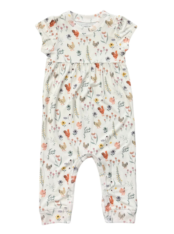 Floral Chickens SS Pants Romper