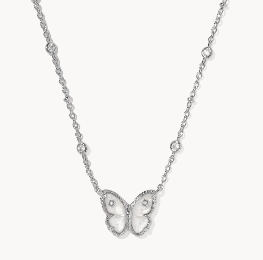Cailey Butterfly Short Pendant Necklace Silver Ivory Mother Of Pearl
