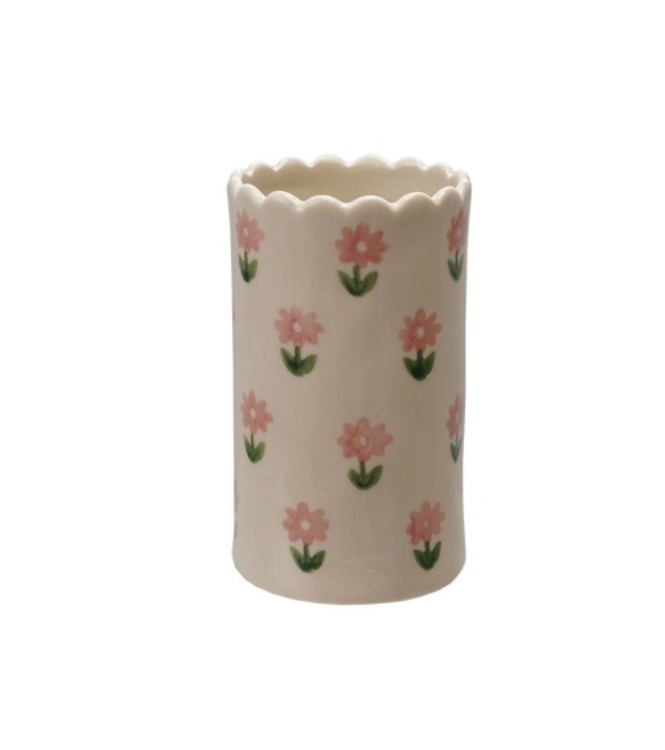 Stoneware Vase With Scalloped Edge Floral