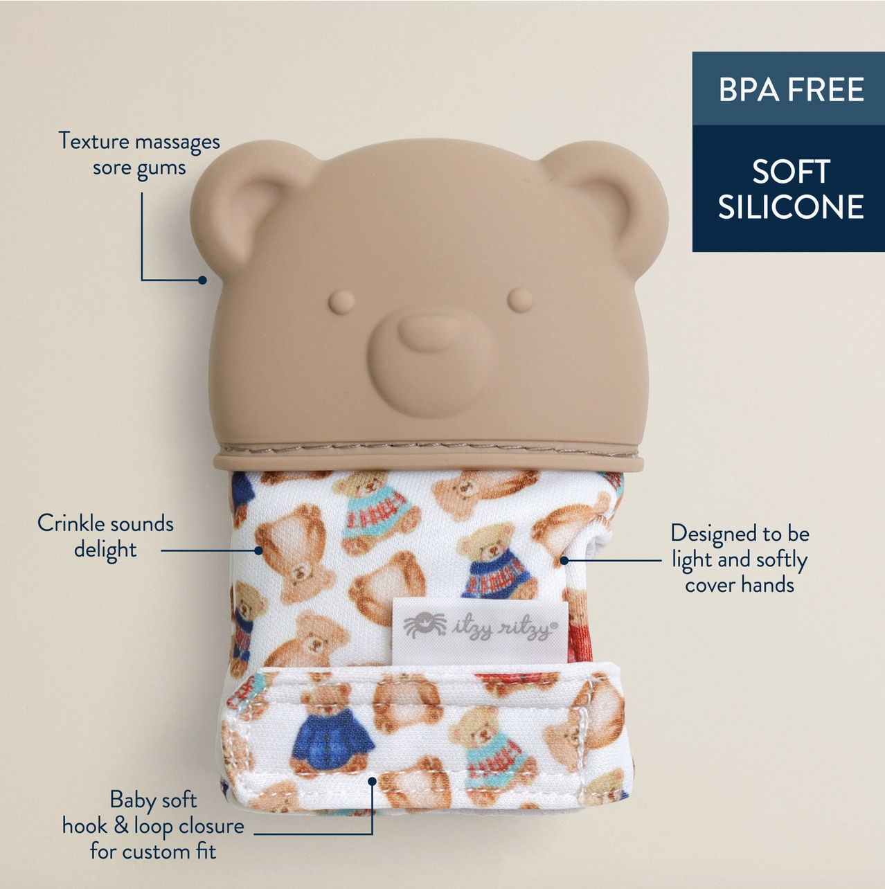 Itzy Mitt Silicone Teething Mitts Classic Bear