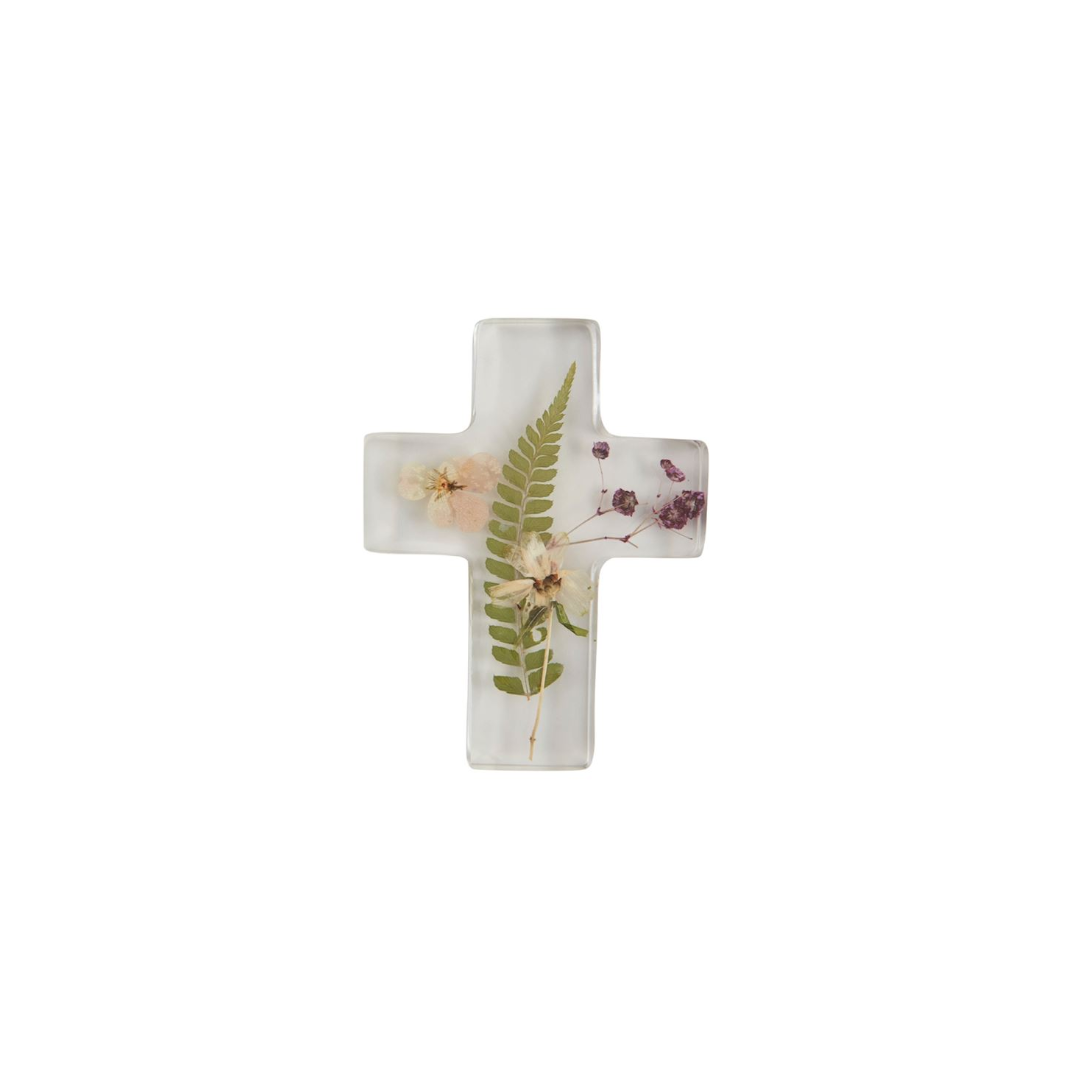 5" Dried Flower Resin Cross With Fern