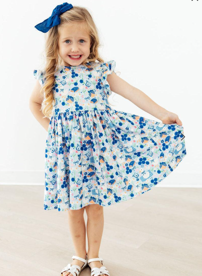 Blueberry Picnic Flutter Sleeve Twirl Dress