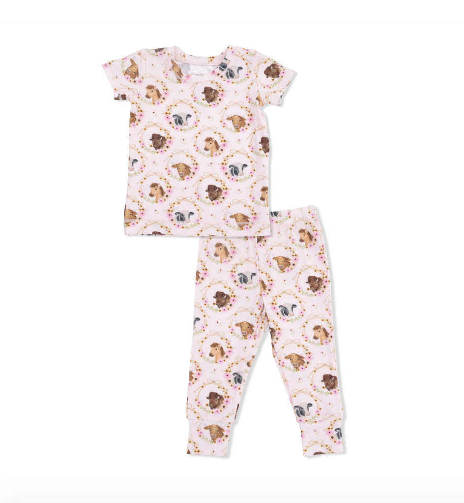 Short Sleeve Loungewear Set Farm Animals Floral Cameos Pink