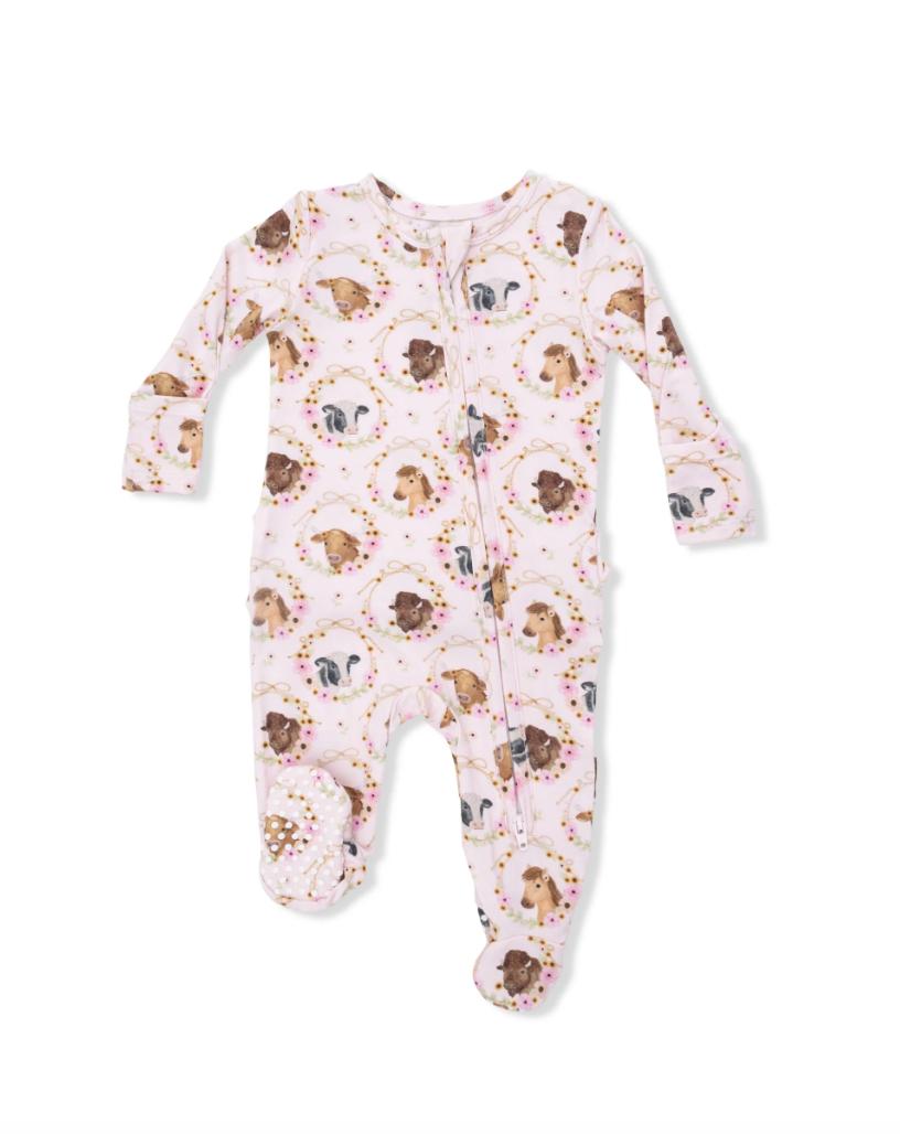 2 Way Ruffle Back Zipper Footie Farm Animals Floral Cameos Pink