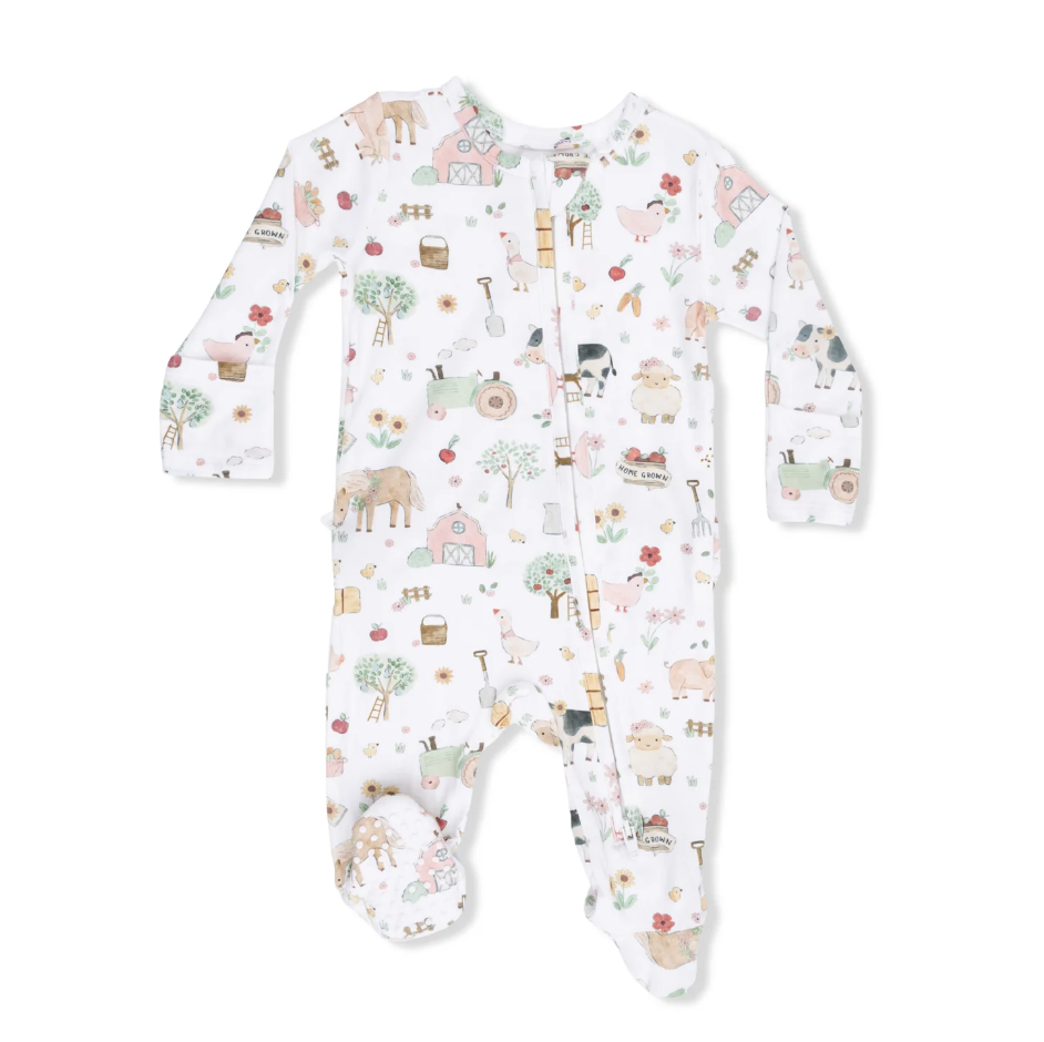 2 Way Ruffle Back Zipper Footie Cute Farm Animals Pink