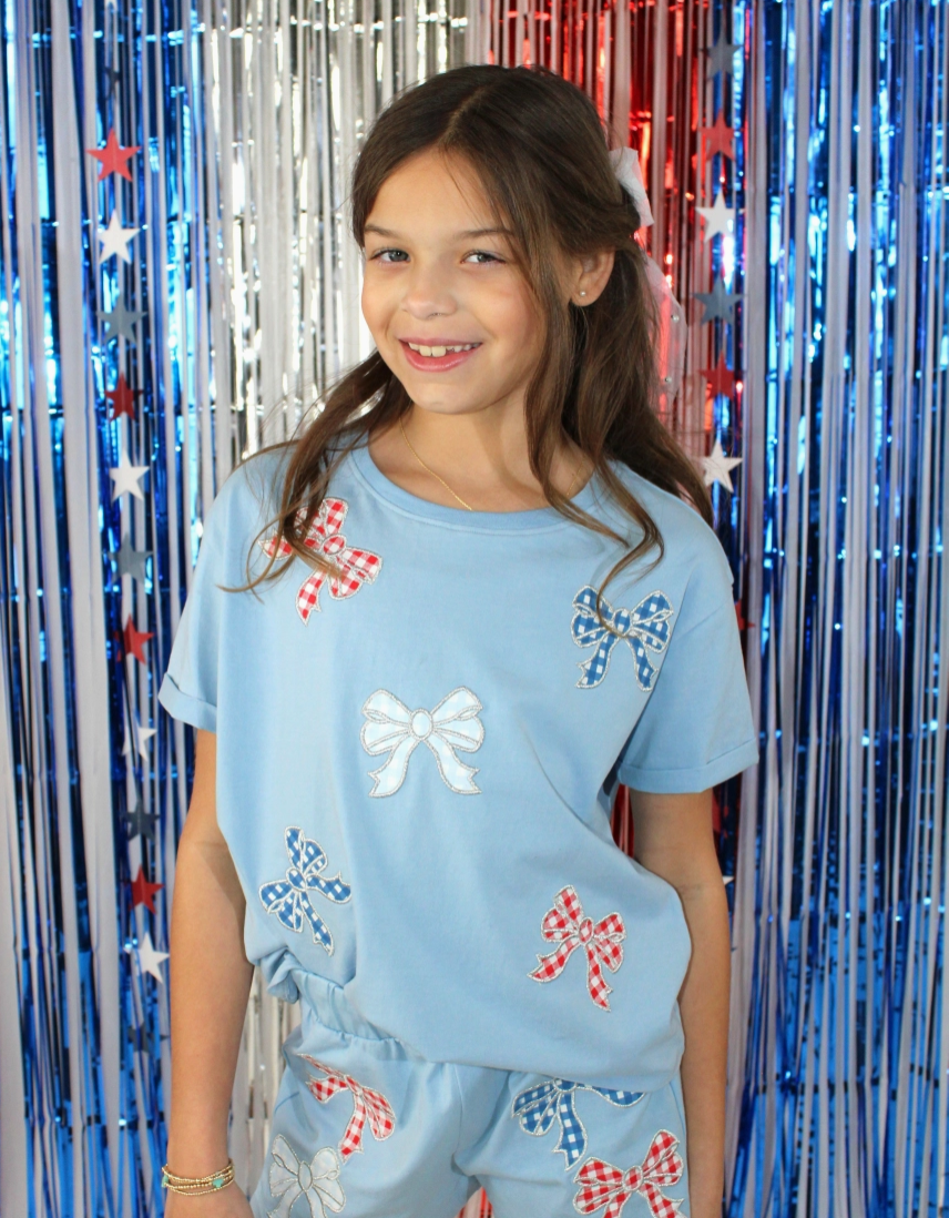 Girls Gingham Bow Patch Tee Clear Sky