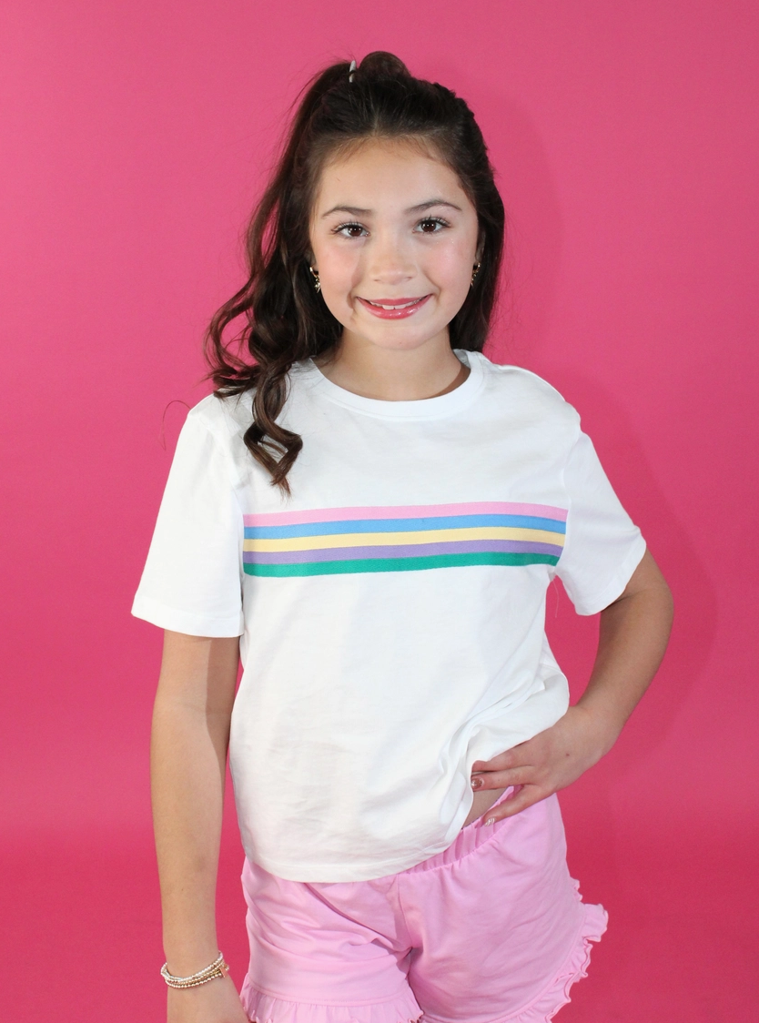 Girls Multi Color Stripe Tee White