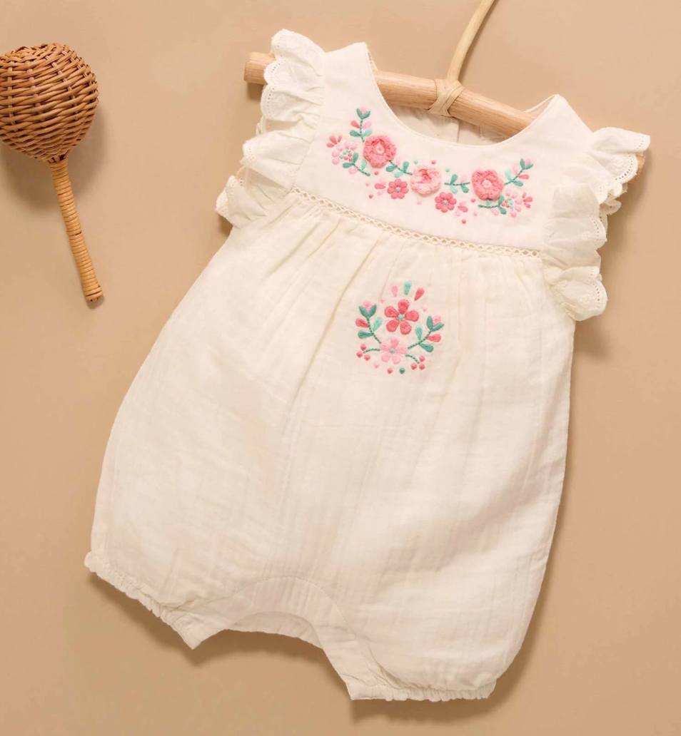 Ivory Pink Flower Embroidered Romper