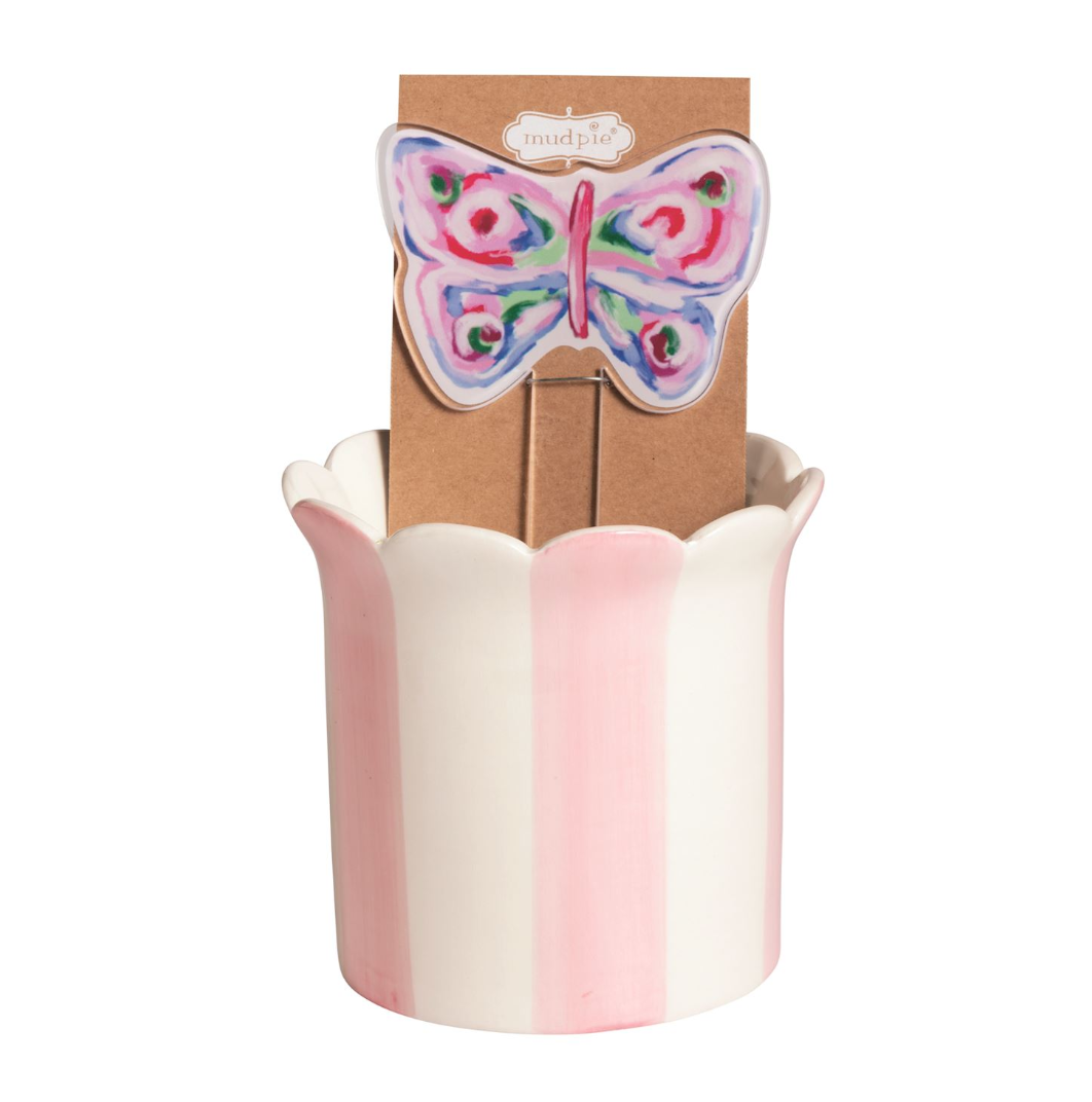 Pink Stripe Flower Pot With Butterfly Plant Stake