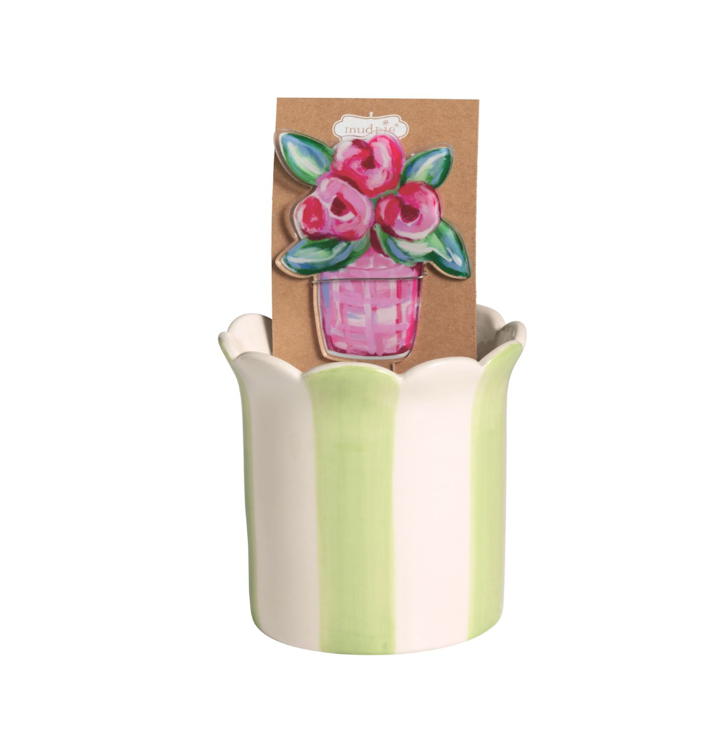 Green Stripe Flower Pot With Butterfly Plant Stake