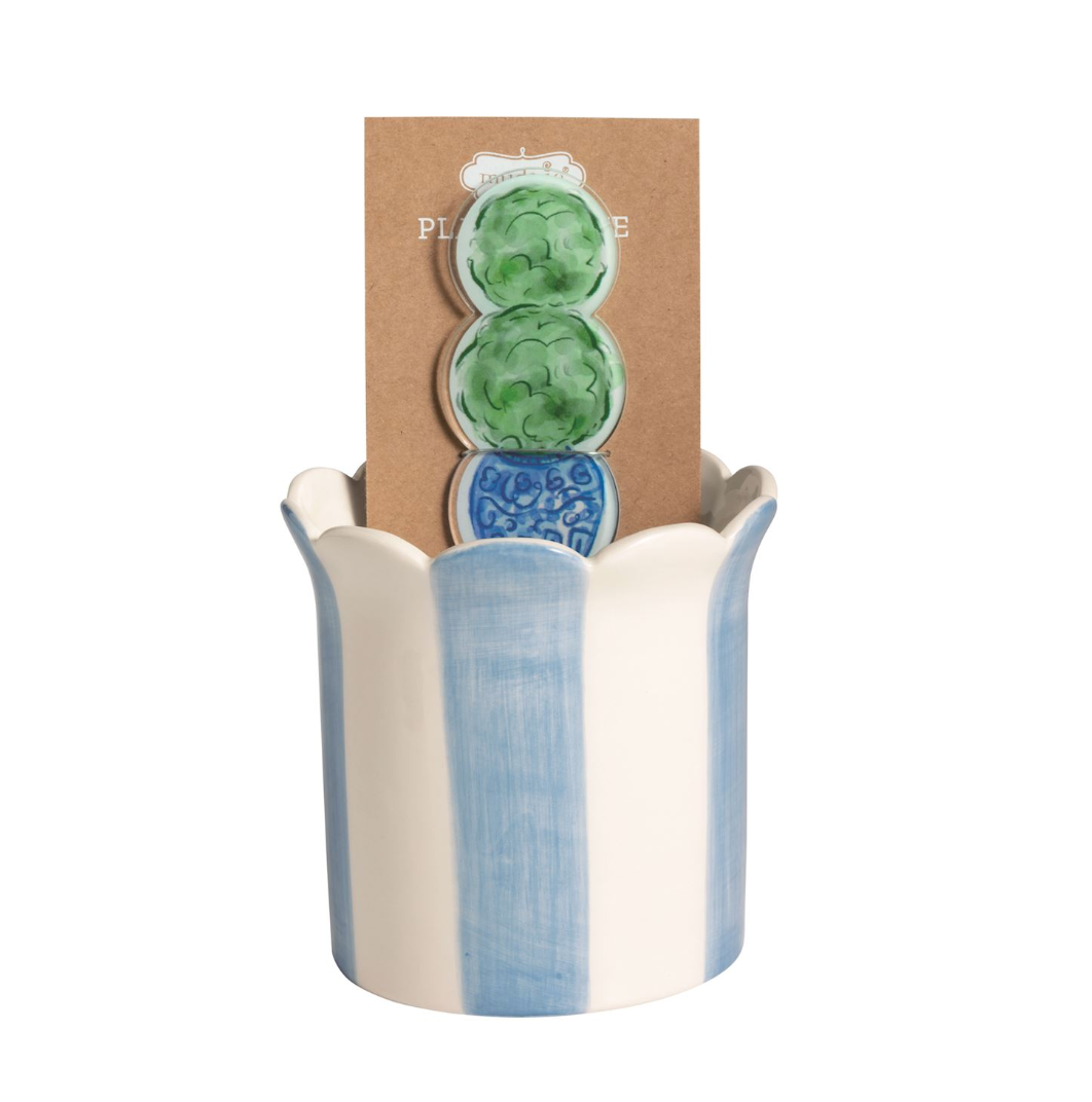 Blue Stripe Flower Pot With Butterfly Plant Stake