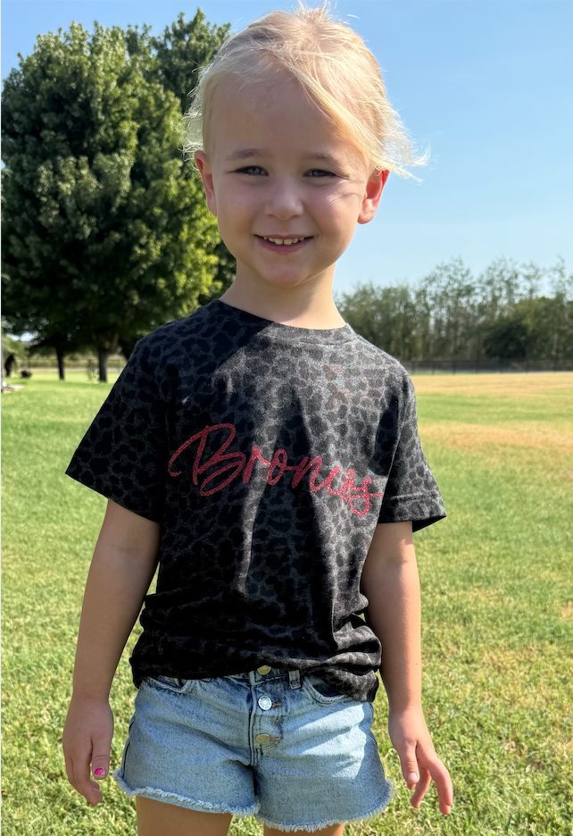 Kid's Leopard Broncos Red Glitter Graphic Tee
