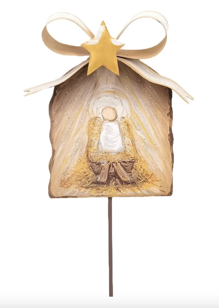 Gold Bow Manger & Baby Jesus Sign/Stake