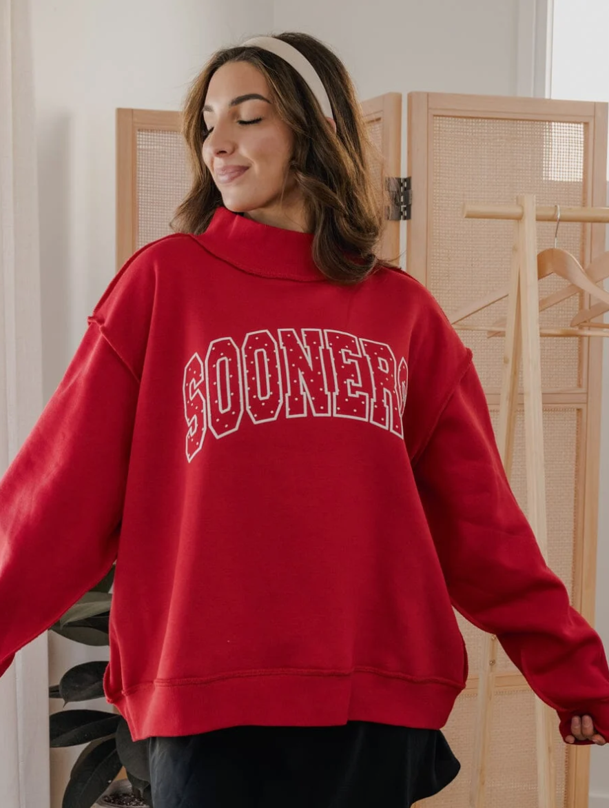 Red Sooners Polka Dot Puff Ink Mock Neck Sweatshirt