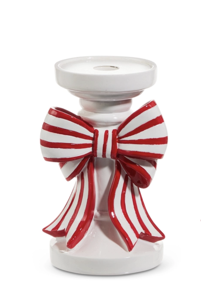 7" Red And White Stripe Bow Candle Holder
