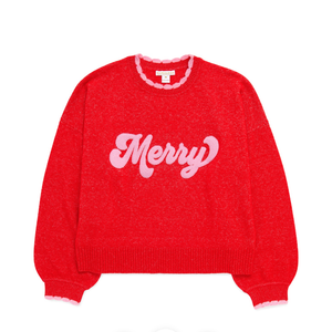Merry Scalloped Trim Relaxed Red Sweater