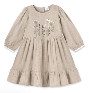 Felicity LS  Beige Linen Dress with Bodice Embroidery