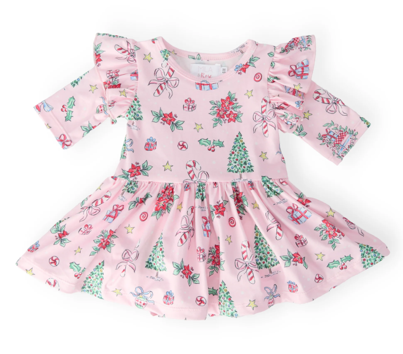 Pink Christmas 3/4 Sleeve Twirl Flutter Bodysuit