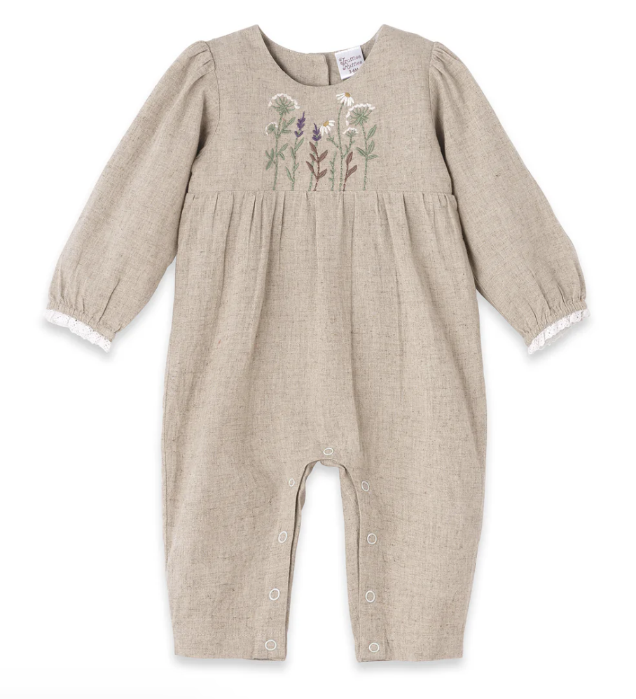 Felicity LS  Beige Linen Romper with Bodice Embroidery