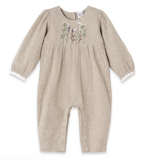 Felicity LS  Beige Linen Romper with Bodice Embroidery