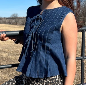 Denim Front Tie Pintuck Sleeveless Blouse