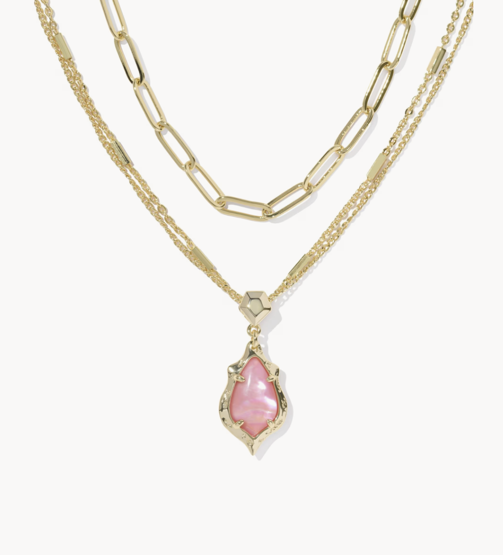 Adriana Scallop Frame Multi Strand Necklace Gold Light Pink Iridescent Abalone