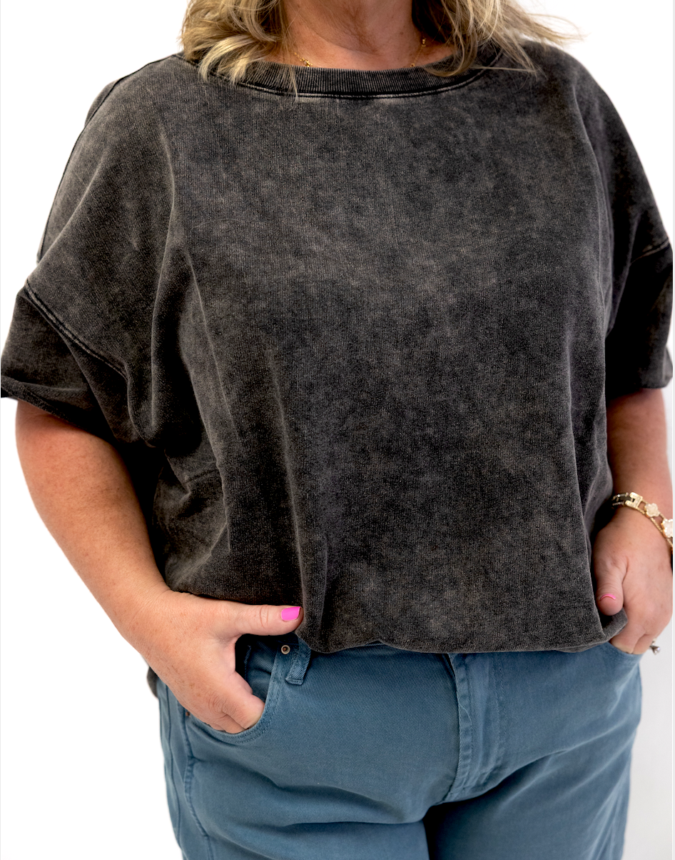 Acid Wash French Terry Raw Edge Top Ash Black