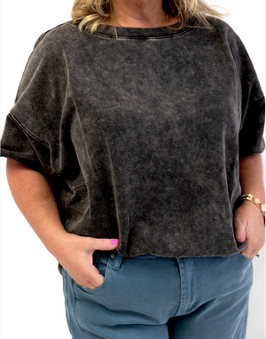 Acid Wash French Terry Raw Edge Top Ash Black