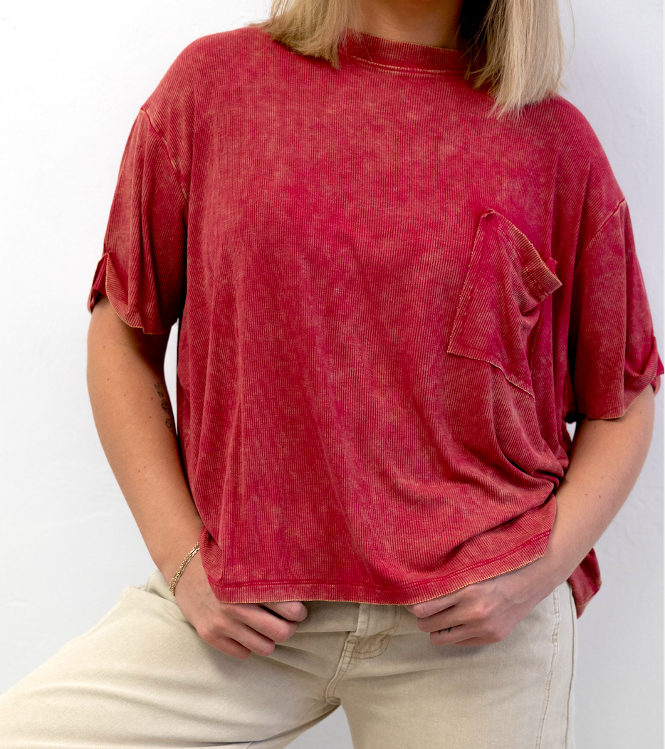 Washed Ribbed Cuffed SS Round Neck Top Red