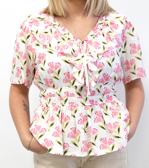 Springtime Floral Ruffled V-Neck Top