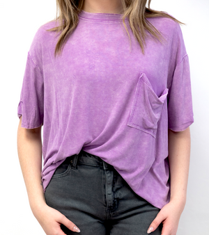 Washed Ribbed Cuffed SS Round Neck Top B Violet
