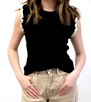 Black Contrast Ruffle Sleeve Knit Sweater