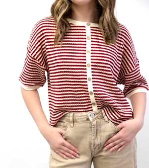 Cream Stripe Button Down SS Knit Top