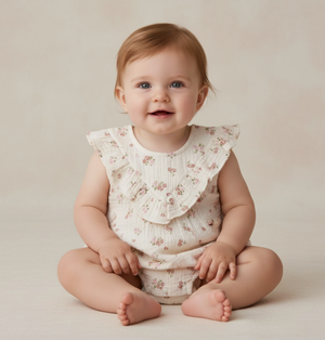 Organic Ruffle Bubble Romper Blush Floral