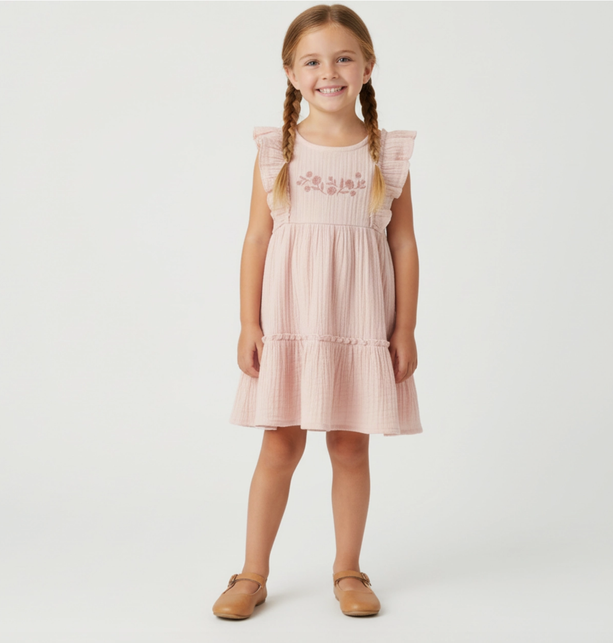 Organic Embroidered Tiered Dress Blush
