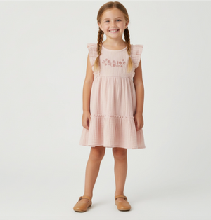 Organic Embroidered Tiered Dress Blush
