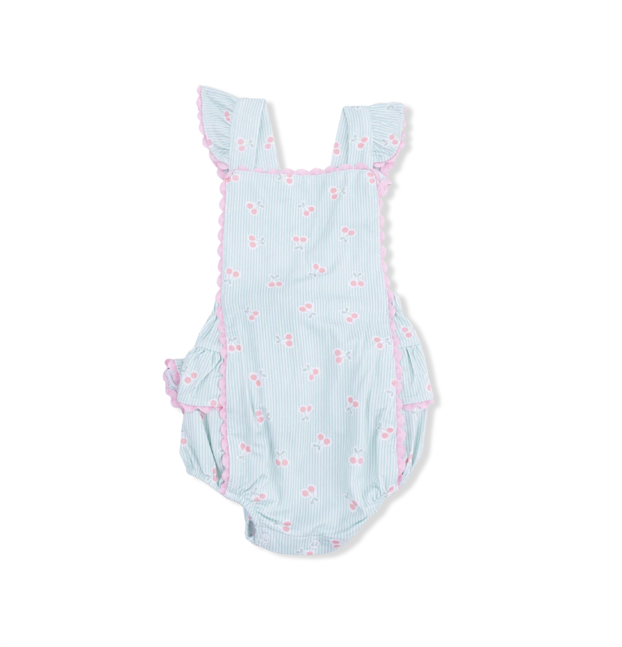 Ric Rac Ruffle Sunsuit Tiny Cherry Stripe