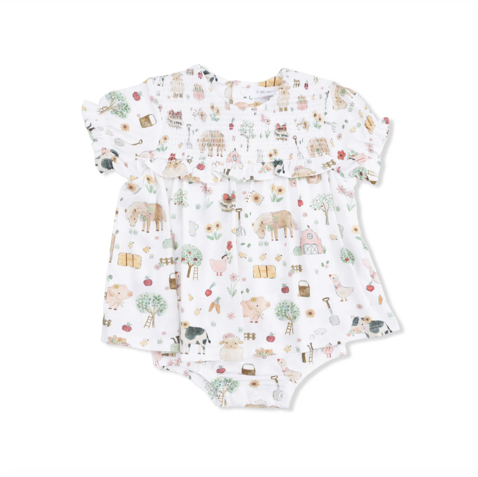 Smocked Ruffle Bubble With Skirt Cute Farm Animals Pink