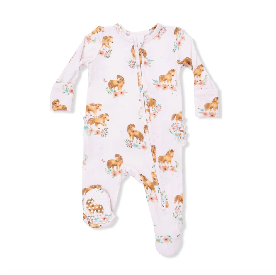 2 Way Ruffle Back Zipper Footie Pink Ponies