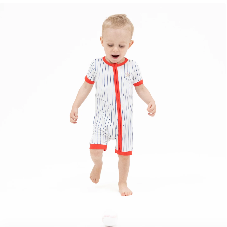 Shortie 2 Way Zipper Romper Baseball Stripe