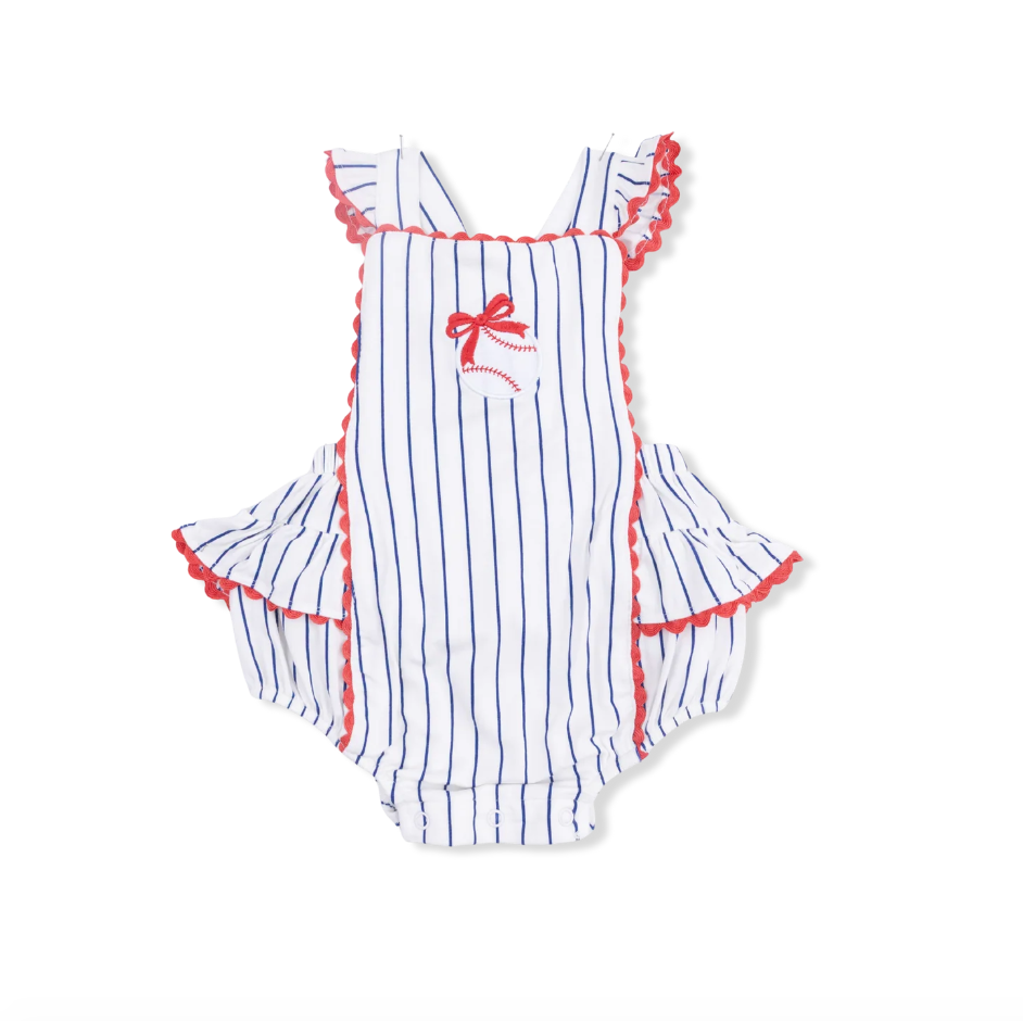 Ric Rac Ruffle Sunsuit Baseball Stripe