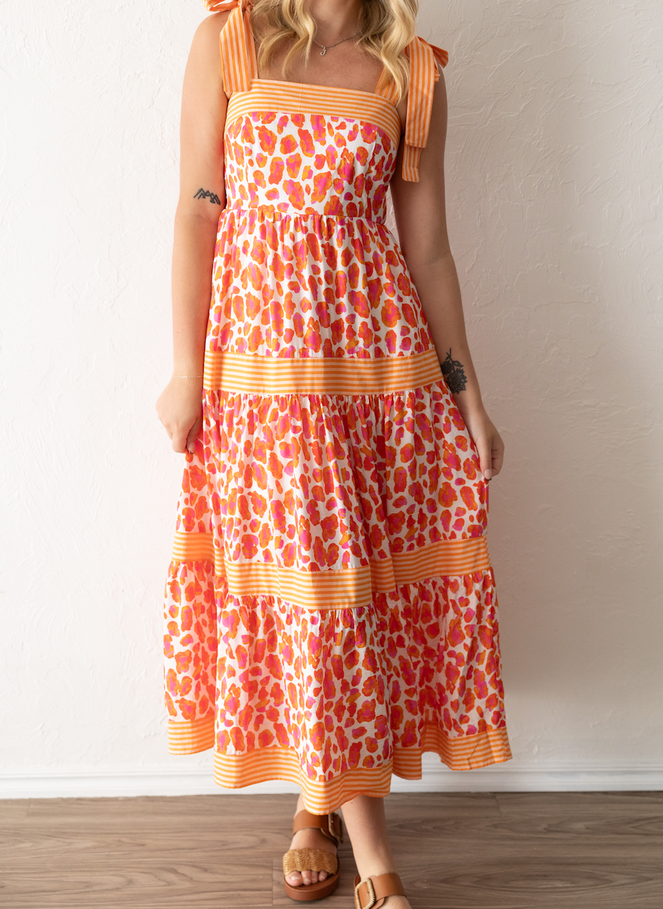 Sleeveless Orange & Pink Midi Dress