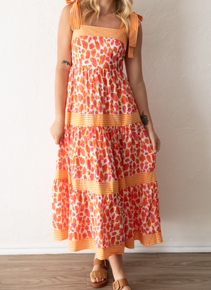 Sleeveless Orange & Pink Midi Dress