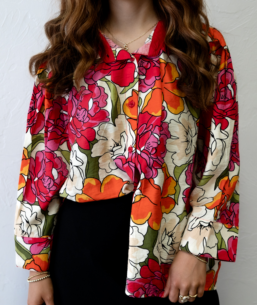 Red Solid Contrast Accent Floral Top