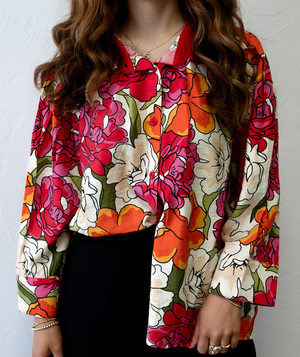 Red Solid Contrast Accent Floral Top