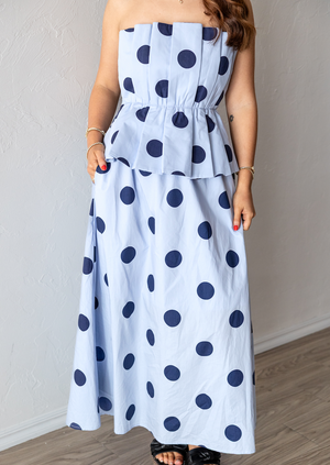 Strapless Blue Polka Dot Midi Dress